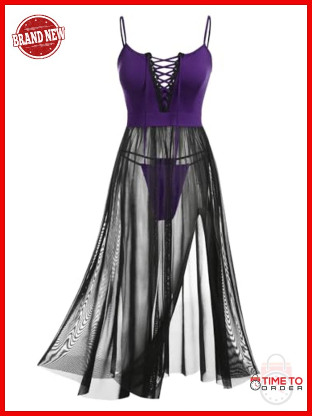 Plus Size Lace-Up Sheer Mesh Maxi Babydoll Chemise Nightgown with Thong